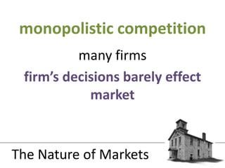 many firmsfirm’s decisions barely effect marketmonopolistic competitionThe Nature of Markets