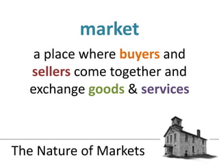 a place where buyers and sellers come together and exchange goods &servicesmarketThe Nature of Markets