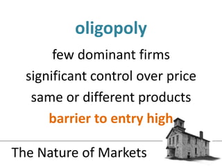 few dominant firmssignificant control over pricesame or different productsbarrier to entry higholigopolyThe Nature of Markets