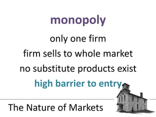 only one firmfirm sells to whole marketno substitute products existhigh barrier to entrymonopolyThe Nature of Markets