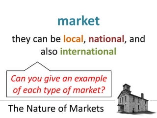 they can be local, national, and also internationalmarketCan you give an example of each type of market?The Nature of Markets