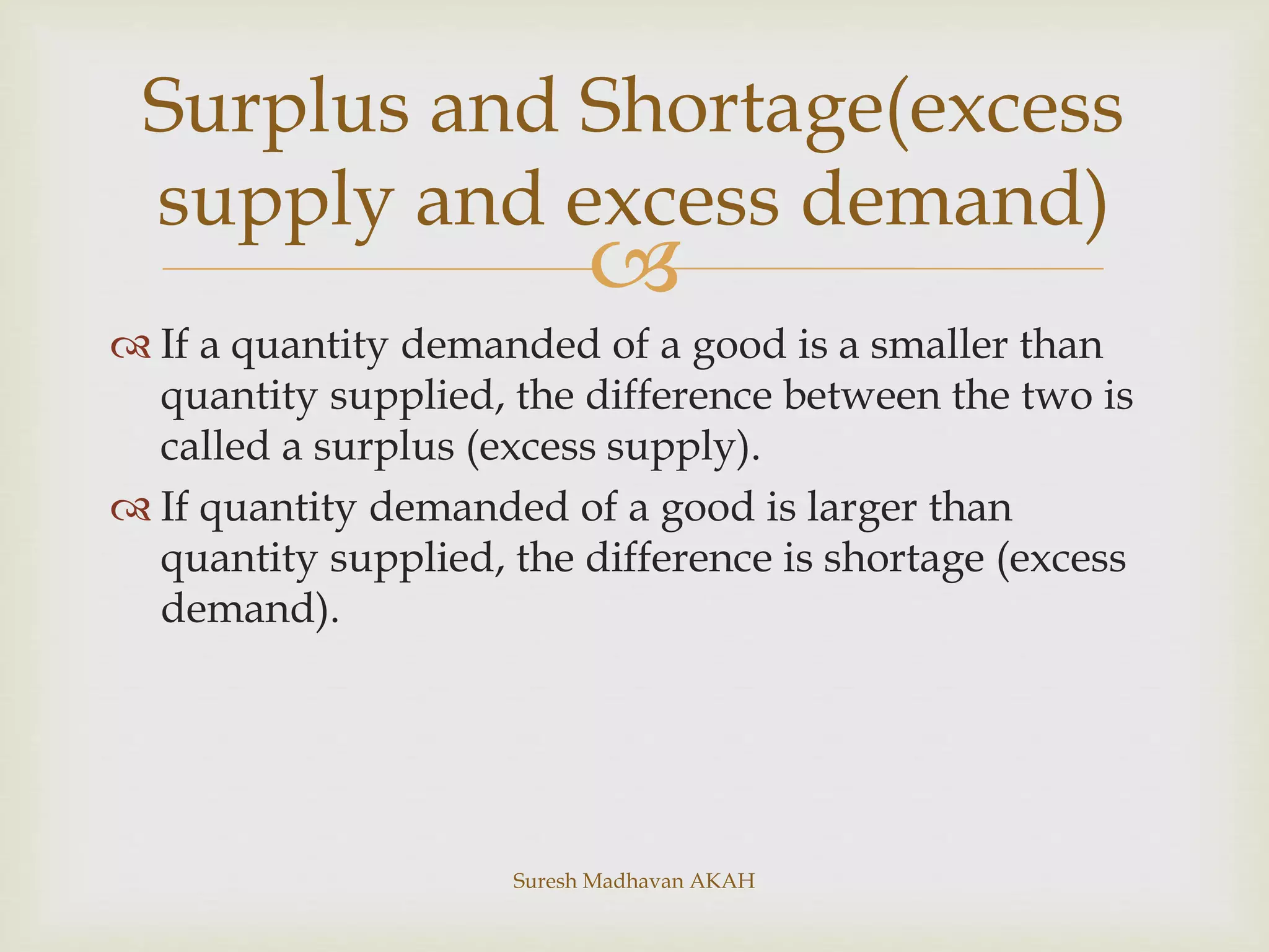 
 If a quantity demanded of a good is a smaller than
quantity supplied, the difference between the two is
called a surplus (excess supply).
 If quantity demanded of a good is larger than
quantity supplied, the difference is shortage (excess
demand).
Suresh Madhavan AKAH
Surplus and Shortage(excess
supply and excess demand)
 