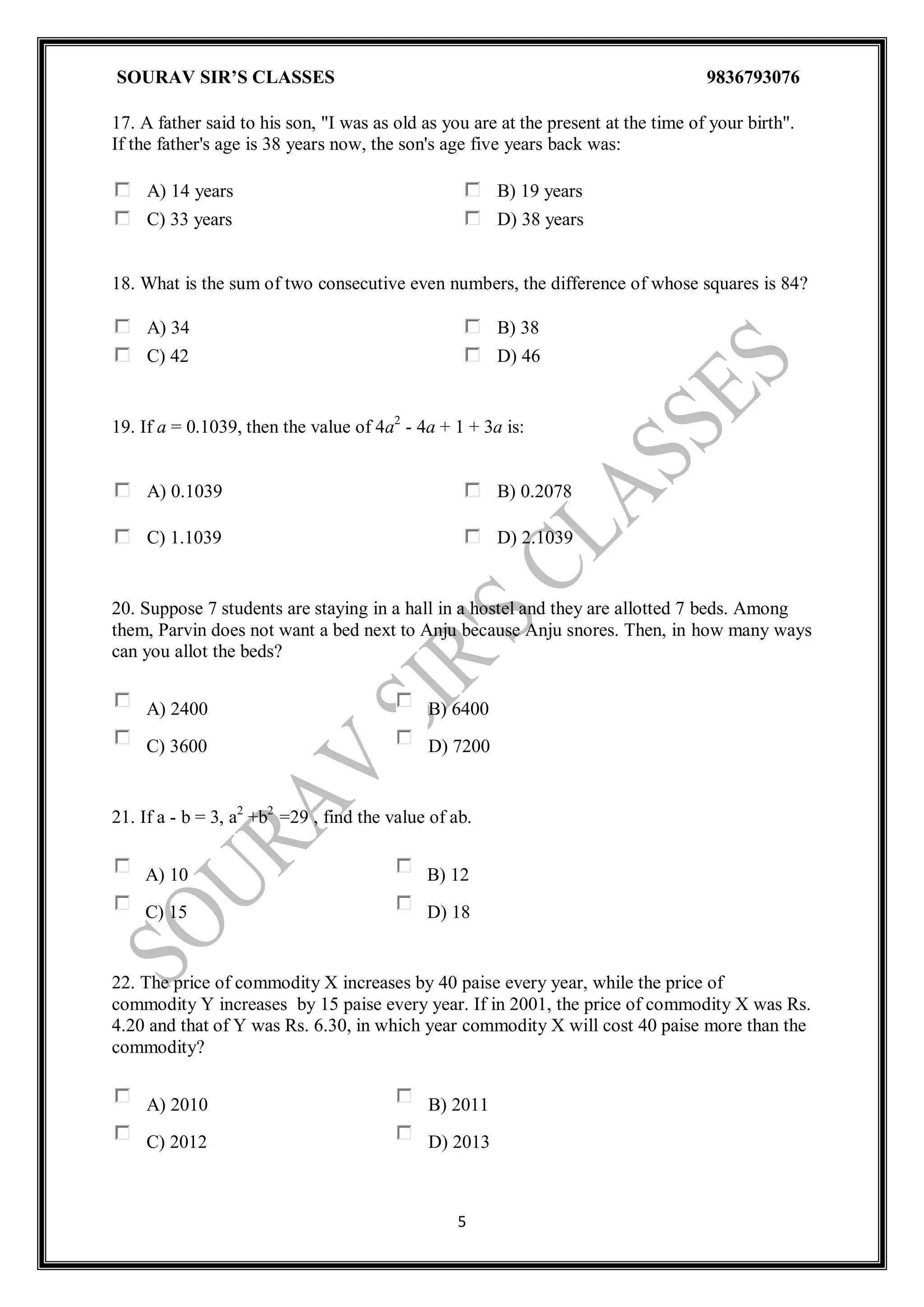 Competitive mathematics ques paper BY SOURAV SIR'S CLASSES | PDF