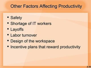 2-36
 Safety
 Shortage of IT workers
 Layoffs
 Labor turnover
 Design of the workspace
 Incentive plans that reward productivity
Other Factors Affecting ProductivityOther Factors Affecting Productivity
 