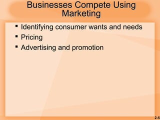 2-5
Businesses Compete UsingBusinesses Compete Using
MarketingMarketing
 Identifying consumer wants and needs
 Pricing
 Advertising and promotion
 