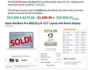 This $1,699.99 Apple MacBook Pro recently sold for only $174.50. However, the
merchant earned a profit of ~$17,450.

The listing received a total of 17,450 bids at $1.00 per bid. Minus the cost of the
product, we have the formula below…

$17,450 + $174.50 - $1,699.99 = $15.924.51profit
 