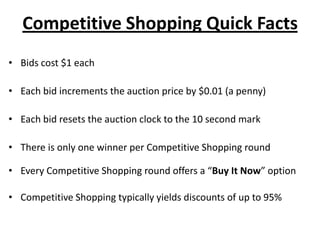 Competitive Shopping Quick Facts
• Bids cost $1 each

• Each bid increments the auction price by $0.01 (a penny)

• Each bid resets the auction clock to the 10 second mark

• There is only one winner per Competitive Shopping round

• Every Competitive Shopping round offers a “Buy It Now” option

• Competitive Shopping typically yields discounts of up to 95%
 