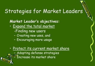 Strategies for Market Leaders
Market Leader’s objectives:
• Expand the total market
-Finding new users
– Creating new uses, and
– Encouraging more usage
• Protect its current market share
– Adopting defense strategies
– Increase its market share
 