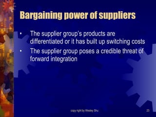 Bargaining power of suppliers The supplier group’s products are differentiated or it has built up switching costs The supplier group poses a credible threat of forward integration 