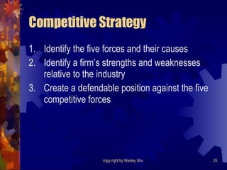 Competitive Strategy Identify the five forces and their causes Identify a firm’s strengths and weaknesses relative to the industry Create a defendable position against the five competitive forces 