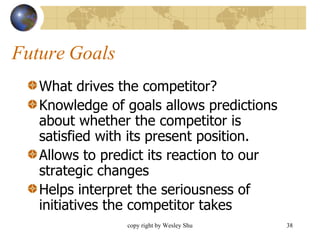 Future Goals What drives the competitor? Knowledge of goals allows predictions about whether the competitor is satisfied with its present position. Allows to predict its reaction to our strategic changes Helps interpret the seriousness of initiatives the competitor takes 