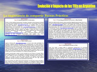 La importancia de compartir Buenas Prácticas Fuente : United Nations Global e-government Readiness Report 2005 Evolución e Impacto de las TICs en Argentina 