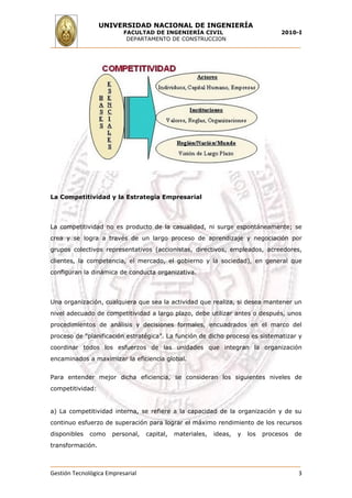 UNIVERSIDAD NACIONAL DE INGENIERÍA
                          FACULTAD DE INGENIERÍA CIVIL                             2010-I
                           DEPARTAMENTO DE CONSTRUCCION




La Competitividad y la Estrategia Empresarial




La competitividad no es producto de la casualidad, ni surge espontáneamente; se
crea y se logra a través de un largo proceso de aprendizaje y negociación por
grupos colectivos representativos (accionistas, directivos, empleados, acreedores,
clientes, la competencia, el mercado, el gobierno y la sociedad), en general que
configuran la dinámica de conducta organizativa.




Una organización, cualquiera que sea la actividad que realiza, si desea mantener un
nivel adecuado de competitividad a largo plazo, debe utilizar antes o después, unos
procedimientos de análisis y decisiones formales, encuadrados en el marco del
proceso de "planificación estratégica". La función de dicho proceso es sistematizar y
coordinar todos los esfuerzos de las unidades que integran la organización
encaminados a maximizar la eficiencia global.


Para entender mejor dicha eficiencia, se consideran los siguientes niveles de
competitividad:


a) La competitividad interna, se refiere a la capacidad de la organización y de su
continuo esfuerzo de superación para lograr el máximo rendimiento de los recursos
disponibles   como    personal,   capital,   materiales,   ideas,   y   los   procesos   de
transformación.



Gestión Tecnológica Empresarial                                                           3
 