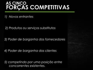 AS CINCO
 FORÇAS COMPETITIVAS
1) Novos entrantes


2) Produtos ou serviços substitutos


3) Poder de barganha dos fornecedores


4) Poder de barganha dos clientes


5) competindo por uma posição entre
   concorrentes existentes.
 