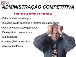 ADMINISTRAÇÃO COMPETITIVA 
Fatores que levam ao fracasso: 
• Falta de visão estratégica 
• Inexistência de controles e informações gerenciais 
• Falta de capacitação gerencial 
• Desequilíbrio dos recursos 
• Má qualidade 
• Localização inadequada 
• Alta inadimplência 
 