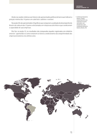 CONFEDERAÇÃO
                                                                                              NACIONAL DA INDÚSTRIA – CNI




                                                                                             1 Confederação Nacional da
                                                                                               Indústria. Competi-
posição relativa dos 14 países em cada fator, subfator e variável.                             tividade Brasil 2010: uma
                                                                                               comparação com países
                                                                                               selecionados: uma
                                                                                               chamada para a ação.
Brasil e de cada um dos 13 países selecionados em relação aos oito fatores que condicionam     Confederação Nacional da
a capacidade de suas empresas.                                                                 Indústria, Brasília, 2010.



anterior1, apontando-se como evoluíram os fatores condicionantes da competitividade das
empresas brasileiras nos últimos anos.




                                                                                       13
 