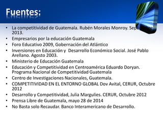 Fuentes:
• La competitividad de Guatemala. Rubén Morales Monroy. Septiembre
2013.
• Empresarios por la educación Guatemala
• Foro Educativo 2009, Gobernación del Atlántico
• Inversiones en Educación y Desarrollo Económico Social. José Pablo
Arellano. Agosto 2003.
• Ministerio de Educación Guatemala
• Educación y Competitividad en Centroamérica Eduardo Doryan.
Programa Nacional de Competitividad Guatemala
• Centro de Investigaciones Nacionales, Guatemala.
• COMPETITIVIDAD EN EL ENTORNO GLOBAL Dov Avital, CERUR, Octubre
2012
• Desarrollo y Competitividad, Julia Margulies. CERUR, Octubre 2012
• Prensa Libre de Guatemala, mayo 28 de 2014
• No Basta solo Recaudar. Banco Interamericano de Desarrollo.
 