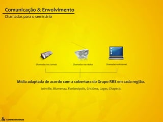 Mídia adaptada de acordo com a cobertura do Grupo RBS em cada região.
Chamadas na Internet
Chamadas nos Jornais Chamadas nas rádios
Joinville, Blumenau, Florianópolis, Criciúma, Lages, Chapecó.
Comunicação & Envolvimento
Chamadas para o seminário
 