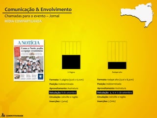 ½ Página
Formato: ½ página (5col x 17,1cm)
Posição: Indeterminado
Aproveitamento: Assinatura
Veiculação: 8 de setembro
Circulação: Joinville e região
Inserções: 1 (uma)
Rodapé alto
Formato: rodapé alto (5col x 8,3cm)
Posição: Indeterminado
Aproveitamento: Assinatura
Veiculação: 9, 10 e 12 de setembro
Circulação: Joinville e região
Inserções: 3 (três)
Chamadas para o evento – Jornal
Comunicação & Envolvimento
MÍDIA COMPARTILHADA
JOI
 