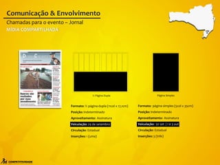 CRI
Chamadas para o evento – Jornal
Comunicação & Envolvimento
MÍDIA COMPARTILHADA
½ Página Dupla
Formato: ½ página dupla (11col x 17,1cm)
Posição: Indeterminado
Aproveitamento: Assinatura
Veiculação: 29 de setembro
Circulação: Estadual
Inserções: 1 (uma)
Página Simples
Formato: página simples (5col x 35cm)
Posição: Indeterminado
Aproveitamento: Assinatura
Veiculação: 30 set | 1 e 3 out
Circulação: Estadual
Inserções: 3 (três)
 