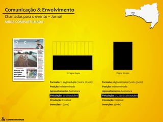 Chamadas para o evento – Jornal
Comunicação & Envolvimento CHA
Formato: ½ página dupla (11col x 17,1cm)
Posição: Indeterminado
Aproveitamento: Assinatura
Veiculação: 20 de outubro
Circulação: Estadual
Inserções: 1 (uma)
½ Página Dupla
Formato: página simples (5col x 35cm)
Posição: Indeterminado
Aproveitamento: Assinatura
Veiculação: 21, 22 e 24 de outubro
Circulação: Estadual
Inserções: 3 (três)
Página Simples
MÍDIA COMPARTILHADA
 