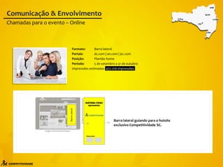 Barra lateral guiando para o hotsite
exclusivo Competitividade SC.
Formato: Barra lateral
Portais: dc.com | an.com | jsc.com
Posição: Plantão home
Período: 5 de setembro a 31 de outubro
Impressões estimadas: 452.016 impressões
Chamadas para o evento – Online
Comunicação & Envolvimento
Barra
Lateral
Imagens meramente ilustrativas
SISTEMA FIESC
apresenta:
Patrocínio:
Imagens
meramente
ilustrativas
 