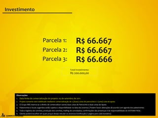 Observações:
1. Data limite de comercialização do projeto: 05 de setembro de 2011.
2. Projeto somente será viabilizado mediante comercialização de 2 (duas) cotas de patrocínio e 1 (uma) cota de apoio.
3. O Grupo RBS reserva-se o direito de comercializar outras duas cotas de Patrocínio e duas cotas de Apoio.
4. Palestrantes e locais sugeridos estão sujeitos a disponibilidade na data dos eventos | Podem haver alterações de acordo com agenda dos palestrantes.
5. Toda a logística de convites, produção dos convites, mailing de convidados, confirmações das presenças é de responsabilidade do SISTEMA FIESC.
6. Cliente poderá escolher em quais praças deseja veicular os anúncios bonificação (1 página para cada bandeira).
R$ 66.667
Parcela 1:
R$ 66.667
Parcela 2:
R$ 66.666
Parcela 3:
Total investimento:
R$ 200.000,00
Investimento
 