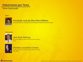 Fernando José da Silva Paiva Ribeiro
Economista-chefe da Fundação Centro de Estudos do Comércio Exterior (FUNCEX).
Opção 1
Palestrantes por Tema
Tema: Exportação
Jase Ryan Ramsey
PhD em Management pela University of South Carolina,
2008.
Sherban Leonardo Cretoiu
Gerente do Projeto de Internacionalização da Fundação
Dom Cabral.
Outras opções:
OBS: Palestrantes sugeridos – Disponibilidade na data, sujeito a confirmação. | 1 palestrante por evento.
 