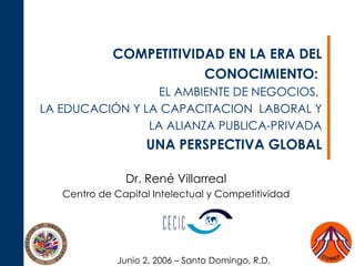 COMPETITIVIDAD  EN LA ERA DEL CONOCIMIENTO:   EL AMBIENTE DE NEGOCIOS,  LA EDUCAC IÓ N Y LA CAPACITACION  LABORAL Y  LA ALIANZA PUBLICA-PRIVADA UNA PERSPECTIVA GLOBAL Dr. Ren é Villarreal Centro de Capital Intelectual y Competitividad Junio 2, 2006 – Santo Domingo, R.D. 