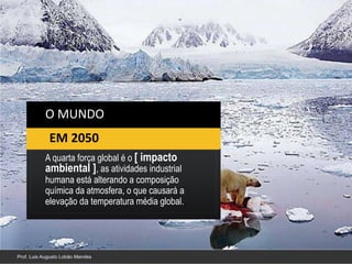 O MUNDO
 EM 2050
A quarta força global é o [ impacto
ambiental ], as atividades industrial
humana está alterando a composição
química da atmosfera, o que causará a
elevação da temperatura média global.




                                        14
 