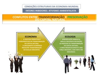 CONDIÇÕES ESTRUTURAIS DA ECONOMIA MUNDIAL
          FATORES INIBIDORES: ATIVISMO AMBIENTALISTA

CONFLITOS ENTRE TRANSFORMAÇÃO E PRESERVAÇÃO
             DO CAPITAL NATURAL




         ECONOMIA                            ECOLOGIA
      • O PROCESSO PRODUTIVO É         • APRESERVAÇÃO AMBIENTAL
   FUNDAMENTADO NA TRANSFORMAÇÃO        IMPLICA CRESCENTES RESTRIÇÕES
           DO CAPITAL NATURAL.        AO PROCESSO DE TRANSFORMAÇÃO
    •   O CRESCIMENTO ECONÔMICO              DO CAPITAL NATURAL.
       PRESSUPÕE TRANSFORMAÇÃO      • A ONDA PRESERVACIONISTA É UMA
         EM ESCALAS CRESCENTES.       FORÇA CRESCENTE, COM FORTE VIÉS
                                                 IDEOLÓGICO.
 