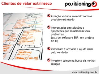 Clientes de valor extrínsecoAtenção voltada ao modo como o produto será usadoInteressados em soluções e aplicações que solucionem seus problemas(ex.: um software ERP, um projeto de TI)Valorizam assessoria e ajuda dada pelo vendedor Investem tempo na busca da melhor solução