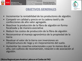 Oficina Regional para América Latina en el Caribe de FAO 
OBJETIVOS GENERALES 
•Incrementar la rentabilidad de los productores de algodón. 
•Competir en calidad y precio en la cadena textil y de confecciones de alto valor agregado. 
•Reactivar la producción de la fibra de algodón en forma focalizada y de manera asociativa 
•Reducir los costos de producción de la fibra de algodón 
•Reconcentrar el manejo agronómico de la propiedad de la tierra 
•Revaluar el valor de la tierra con inversiones en infraestructura de riego y en mejoramiento del suelo. 
•Aumentar las cosechas estacionales a por lo menos dos al año, con cultivos de reconversión, rotación o de asociación al algodón.  