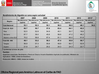 Oficina Regional para América Latina en el Caribe de FAO Rendimiento de Algodón en rama según variedad2007200820092010201120122013* Región Rendimiento (qq/ha) Rendimiento (qq/ha) Rendimiento (qq/ha) Rendimiento (qq/ha) Rendimiento (qq/ha) Rendimiento (qq/ha) Rendimiento (qq/ha) Total Nacional53.1 52.3 52.1 50.3 58.5 48.1 54.9 Total LS - ELS60.7 50.7 57.6 63.4 64.1 42.2 Pima52.5 52.8 54.9 45.1 50.7 18.6 Del Cerro67.7 39.0 45.6 58.8 47.2 46.2 Hazera u otros ELS70.2 58.8 67.4 81.1 85.5 61.8 Total SS - MS49.1 53.2 50.3 47.4 55.9 50.7 Tangüis56.9 57.3 55.6 49.9 60.7 52.9 Aspero21.9 24.7 20.2 24.3 24.3 22.7 * preliminar al mes de julioFuentes: Producción: MINAG - OEEE, Unidad de AnálisisSuperficie cosechada, Rendimiento y Precio en Chacra: Anuario Estadístico Agrícola (no publicado). Ministerio de Agricultura - OEEE, Unidad de Estadística  