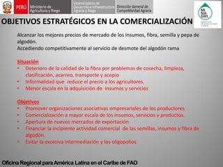 Oficina Regional para América Latina en el Caribe de FAO 
Alcanzar los mejores precios de mercado de los insumos, fibra, semilla y pepa de algodón. Accediendo competitivamente al servicio de desmote del algodón rama Situación 
•Deterioro de la calidad de la fibra por problemas de cosecha, limpieza, clasificación, acarreo, transporte y acopio 
•Informalidad que reduce el precio a los agricultores. 
•Menor escala en la adquisición de insumos y servicios Objetivos 
•Promover organizaciones asociativas empresariales de los productores 
•Comercialización a mayor escala de los insumos, servicios y productos. 
•Apertura de nuevos mercados de exportación 
•Financiar la incipiente actividad comercial de las semillas, insumos y fibra de algodón. 
•Evitar la excesiva intermediación y los oligopolios 
OBJETIVOS ESTRATÉGICOS EN LA COMERCIALIZACIÓN  