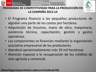 Oficina Regional para América Latina en el Caribe de FAO 
PROGRAMA DE COMPETITIVIDAD PARA LA PRODUCCIÓN EN LA CAMPAÑA 2013-14 
•El Programa financia a los pequeños productores de algodón una parte de los costos por hectárea. 
•Adquisición de Insumos, mano de obra, maquinaria, asistencia técnica, capacitación, gestión y gastos operativos. 
•Los componentes se financian mediante la organización asociativa empresarial de los productores. 
•Atenderá aproximadamente más 20 mil hectáreas 
•Atención especial a la recuperación de los créditos de avío agrícola y comercial.  