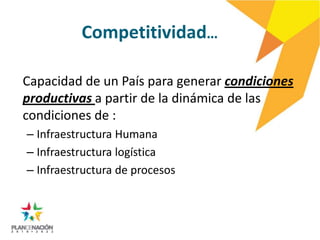 Competitividad…

Capacidad de un País para generar condiciones
productivas a partir de la dinámica de las
condiciones de :
– Infraestructura Humana
– Infraestructura logística
– Infraestructura de procesos
 