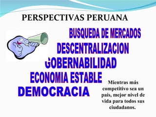 DESCENTRALIZACION GOBERNABILIDAD ECONOMIA ESTABLE DEMOCRACIA BUSQUEDA DE MERCADOS PERSPECTIVAS PERUANA Mientras más competitivo sea un país, mejor nivel de vida para todos sus ciudadanos.  