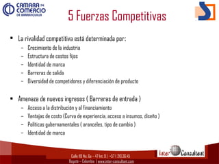 Calle 119 No. 6a – 47 Int. 9 | +57 1  213.36.45
Bogotá – Colombia | www.inter-consultant.com
• La rivalidad competitiva está determinada por:
– Crecimiento de la industria
– Estructura de costos fijos
– Identidad de marca
– Barreras de salida
– Diversidad de competidores y diferenciación de producto
• Amenaza de nuevos ingresos ( Barreras de entrada )
– Acceso a la distribución y al financiamiento
– Ventajas de costo (Curva de experiencia, acceso a insumos, diseño )
– Políticas gubernamentales ( aranceles, tipo de cambio )
– Identidad de marca
5 Fuerzas Competitivas
 