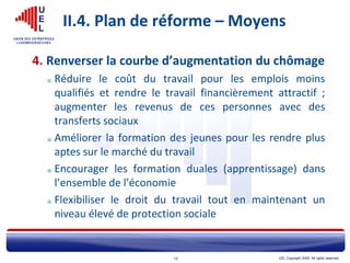 UEL Copyright 2005. All rights reserved.18
II.4. Plan de réforme – Moyens
4. Renverser la courbe d’augmentation du chômage
Réduire le coût du travail pour les emplois moins
qualifiés et rendre le travail financièrement attractif ;
augmenter les revenus de ces personnes avec des
transferts sociaux
Améliorer la formation des jeunes pour les rendre plus
aptes sur le marché du travail
Encourager les formation duales (apprentissage) dans
l’ensemble de l’économie
Flexibiliser le droit du travail tout en maintenant un
niveau élevé de protection sociale
 