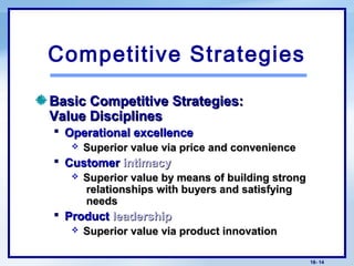 18- 14
Basic Competitive Strategies:Basic Competitive Strategies:
Value DisciplinesValue Disciplines
 Operational excellenceOperational excellence
 Superior value via price and convenienceSuperior value via price and convenience
 CustomerCustomer intimacyintimacy
 Superior value by means of building strongSuperior value by means of building strong
relationships with buyers and satisfyingrelationships with buyers and satisfying
needsneeds
 ProductProduct leadershipleadership
 Superior value via product innovationSuperior value via product innovation
Competitive Strategies
 