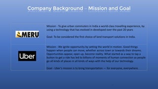 Company Background – Mission and Goal
6
Mission - To give urban commuters in India a world-class travelling experience, by
using a technology that has evolved in developed over the past 20 years
Goal- To be considered the first choice of land transport solutions in India.
Mission - We ignite opportunity by setting the world in motion. Good things
happen when people can move, whether across town or towards their dreams.
Opportunities appear, open up, become reality. What started as a way to tap a
button to get a ride has led to billions of moments of human connection as people
go all kinds of places in all kinds of ways with the help of our technology.
Goal - Uber’s mission is to bring transportation — for everyone, everywhere.
 