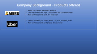Company Background – Products offered
9
• Radio Taxi, Sedan, Hatchback and SUV.
• One-way and Round Trips, Local, Rental and Outstation rides
• Ride cashless or with cash. It’s your wish
• UberX, UberPool, XL, Select, Bikes, Lux, SUV, Scooters, Auto
• Ride cashless or with cash(India). It’s your wish
 