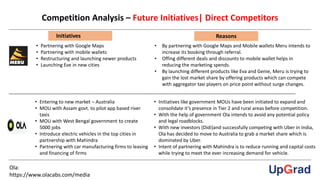 Competition Analysis – Future Initiatives| Direct Competitors
Ola:
https://www.olacabs.com/media
• Partnering with Google Maps
• Partnering with mobile wallets
• Restructuring and launching newer products
• Launching Eve in new cities
• By partnering with Google Maps and Mobile wallets Meru intends to
increase its booking through referral.
• Offing different deals and discounts to mobile wallet helps in
reducing the marketing spends.
• By launching different products like Eva and Genie, Meru is trying to
gain the lost market share by offering products which can compete
with aggregator taxi players on price point without surge changes.
• Entering to new market – Australia
• MOU with Assam govt. to pilot app based river
taxis
• MOU with West Bengal government to create
5000 jobs
• Introduce electric vehicles in the top cities in
partnership with Mahindra
• Partnering with car manufacturing firms to leasing
and financing of firms
• Initiatives like government MOUs have been initiated to expand and
consolidate it’s presence in Tier 2 and rural areas before competition.
• With the help of government Ola intends to avoid any potential policy
and legal roadblocks.
• With new investors (Didi)and successfully competing with Uber in India,
Ola has decided to move to Australia to grab a market share which is
dominated by Uber.
• Intent of partnering with Mahindra is to reduce running and capital costs
while trying to meet the ever increasing demand for vehicle.
Initiatives Reasons
 