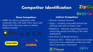 Competitor Identification
Direct Competitors
• MERU has direct competition with
companies like: Ola Cabs, Uber, Easy Cabs,
Mega Cabs who have same or similar
business models
Indirect Competitors
• Shared Commute Services
• Zipgo – creating a traceable private bus
network and users to book a seat
• BlaBlaCar – Intercity carpooling services
connecting people travelling to the same
destinations
• Self-Drive Car Rental Services
• Zoomcar, Revv – Many self-drive Car rentals
pose to be very competitive as they are well
priced and super convenient
 