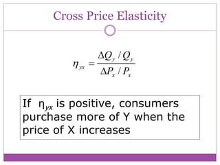 Cross Price Elasticity


                 Q y / Q y
         yx 
                 Px / Px


If ηyx is positive, consumers
purchase more of Y when the
price of X increases
 