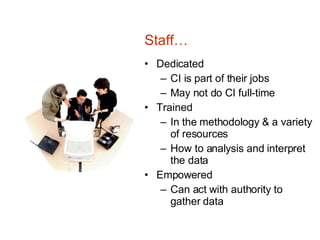 Staff… Dedicated CI is part of their jobs May not do CI full-time Trained In the methodology & a variety of resources How to analysis and interpret the data Empowered Can act with authority to gather data 