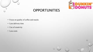 OPPORTUNITIES
• Focus on quality of coffee and snacks
• Less delivery time
• Use of creativity
• Less costs
 