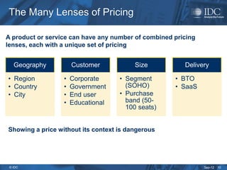 The Many Lenses of Pricing

A product or service can have any number of combined pricing
lenses, each with a unique set of pricing


   Geography          Customer                                Size     Delivery

• Region          •   Corporate CIO’s Office• Segment
                                             CIO
                                                                     • BTO
• Country         •   Government              (SOHO)
                                  VP IT Strategy & Planning
                                             CTO                     • SaaS
• City            •   End user              • Purchase
                             Product or Service

                  •   Educational
                                  Sourcing
                                              band (50-
                                   VP Global IT Sourcing

                                              100 seats)
                                    VP/Dir IT Sourcing
                                   VP xyz Tech Sourcing




Showing a price without its context is dangerous




 © IDC                                                                        Sep-12   10
 