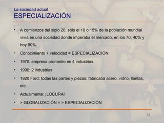 La sociedad actual ESPECIALIZACIÓN A comienzos del siglo 20, sólo el 10 o 15% de la población mundial vivía en una sociedad donde imperaba el mercado, en los 70, 40% y hoy 90%. Conocimiento + velocidad = ESPECIALIZACIÓN 1970: empresa promedio en 4 industrias. 1990: 2 industrias 1920 Ford: todas las partes y piezas; fabricaba acero, vidrio, llantas, etc. Actualmente: ¡LOCURA! > GLOBALIZACIÓN = > ESPECIALIZACIÓN 